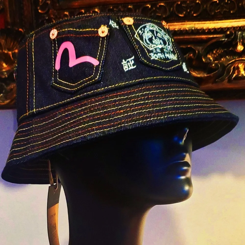 Evisu Multi-color Seagull Print Multi-Pockets Denim Bucket Hat NWT w Bag - Picture 6 of 9